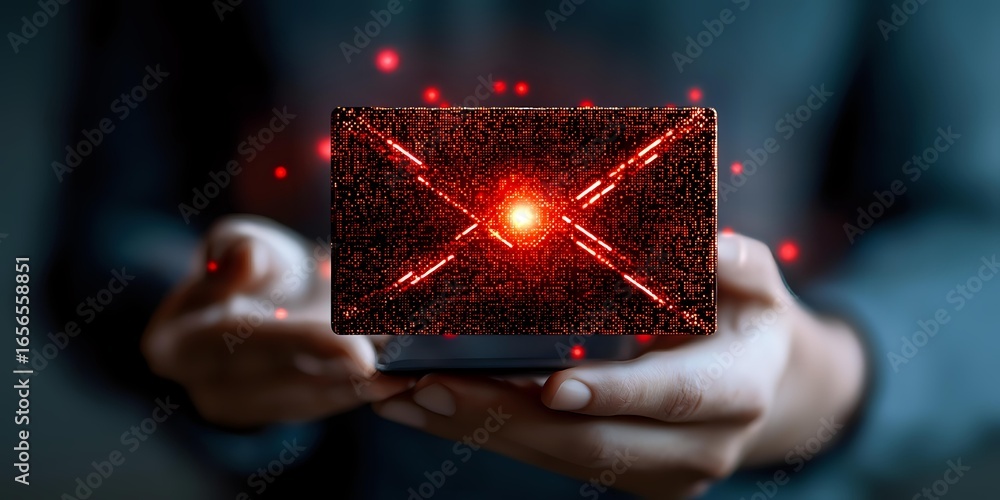 Poster glowing red envelope with x mark floating between hands against dark background, representing email 