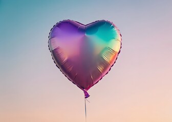 Fototapeta premium A shiny, iridescent heart-shaped balloon floats against a soft gradient background, exuding a playful and romantic vibe.