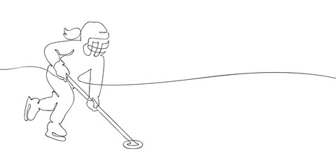 One line drawing of a female ringette player in skates and helmet running with stick and ring. Minimalist linear illustration. Winter team sport and Olympic games concept.