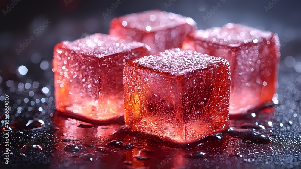 Poster red translucent ice cubes with water drops on dark background, glowing from inside with warm light, 
