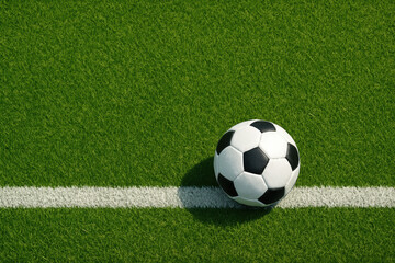 Classic black white soccer ball rests on fresh green grass near a white boundary showing clear texture and perfect arrangement