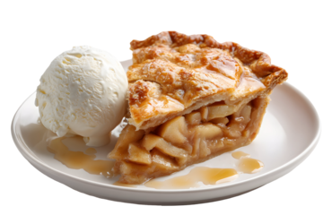 A warm slice of classic apple pie with a lattice crust, served à la mode with a scoop of creamy vanilla ice cream. A perfect, isolated dessert shot.
