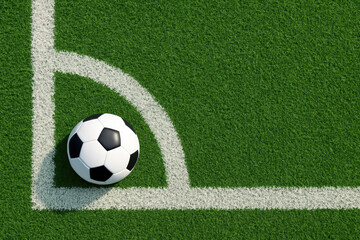 Classic black and white soccer ball rests on vibrant green artificial grass near a distinct curved boundary