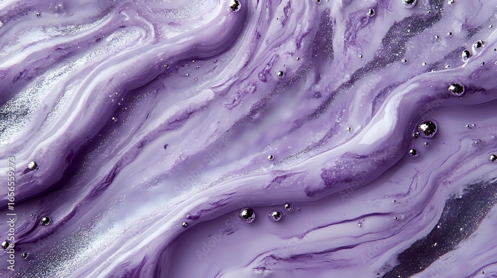 Poster purple and white marble swirls with liquid texture and shiny droplets create flowing abstract patter