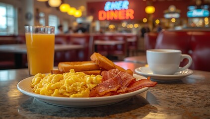 Plate of scrambled eggs, crispy bacon, and golden toast served with coffee in a retro diner setting