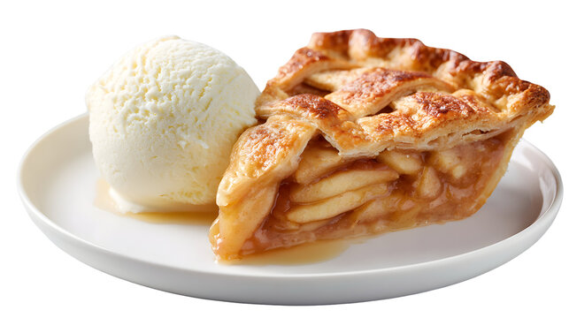 A warm slice of classic apple pie with a lattice crust, served &agrave; la mode with a scoop of creamy vanilla ice cream. A perfect, isolated dessert shot.