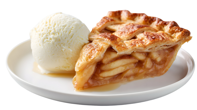 A warm slice of classic apple pie with a lattice crust, served à la mode with a scoop of creamy vanilla ice cream. A perfect, isolated dessert shot.