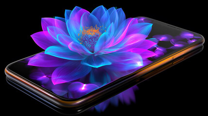 Futuristic smartphone with a glowing neon lotus flower emerging from the screen, blending technology and digital art for a stunning holographic and sci-fi design.