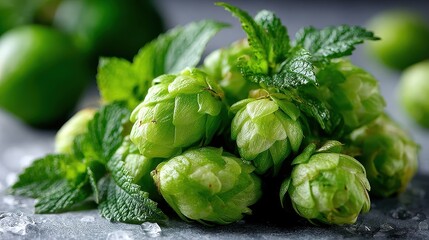 Obraz premium Fresh Green Hops and Mint Leaves on a Textured Gray Surface