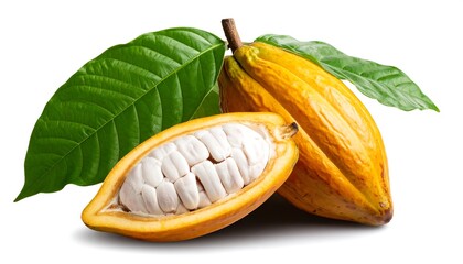 Close-up of a ripe cacao pod and its seeds.
