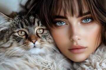 Young woman with blue eyes and bangs lying next to fluffy tabby cat on white fur blanket, close up portrait showing tender connection between pet and owner.