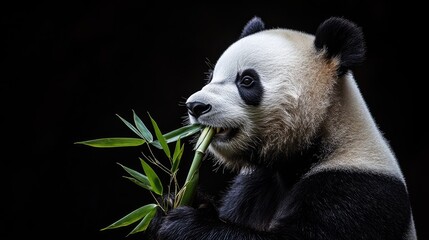 Fototapeta premium Panda chewing bamboo slowly, captured in profile view, with strong lighting that emphasizes textures against a black backdrop