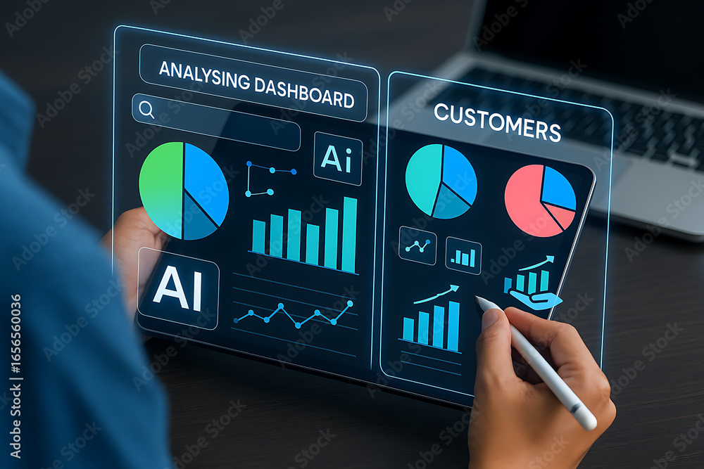 Poster a person analyzing a virtual dashboard with artificial intelligence tools and charts to visualize cu
