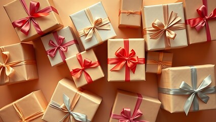 Abstract shopping concept with neatly arranged gift boxes in warm tones, viewed from above.
