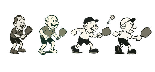 Pickleball players, cartoon vintage style. Retro illustration of pickle ball players.