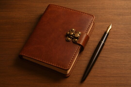 Leather journal with brass clasp and fountain pen