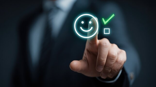 Man selects happy face, checkmark; business context, positive feedback implied