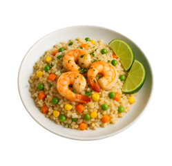 Delicious shrimp risotto with mixed vegetables and lime wedges a healthy and flavorful meal