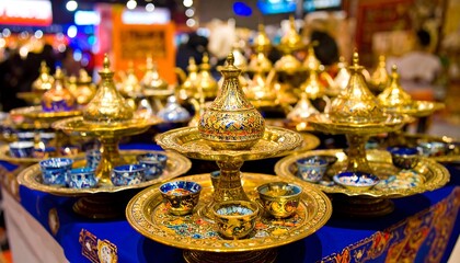 Fototapeta premium Gold-colored decorative tea sets displayed on a table.