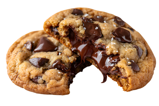 A warm, soft chocolate chip cookie broken in half, revealing a gooey, molten chocolate center. An irresistible, isolated shot for any bakery or cafe menu.