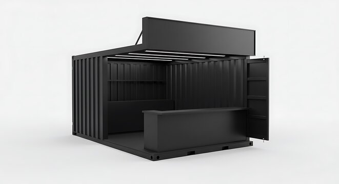 Modern black shipping container conversion for pop-up shop or modular retail space design inspiration today