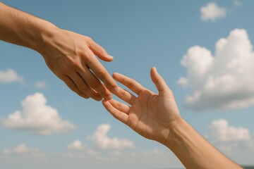 Hands reaching under sky.