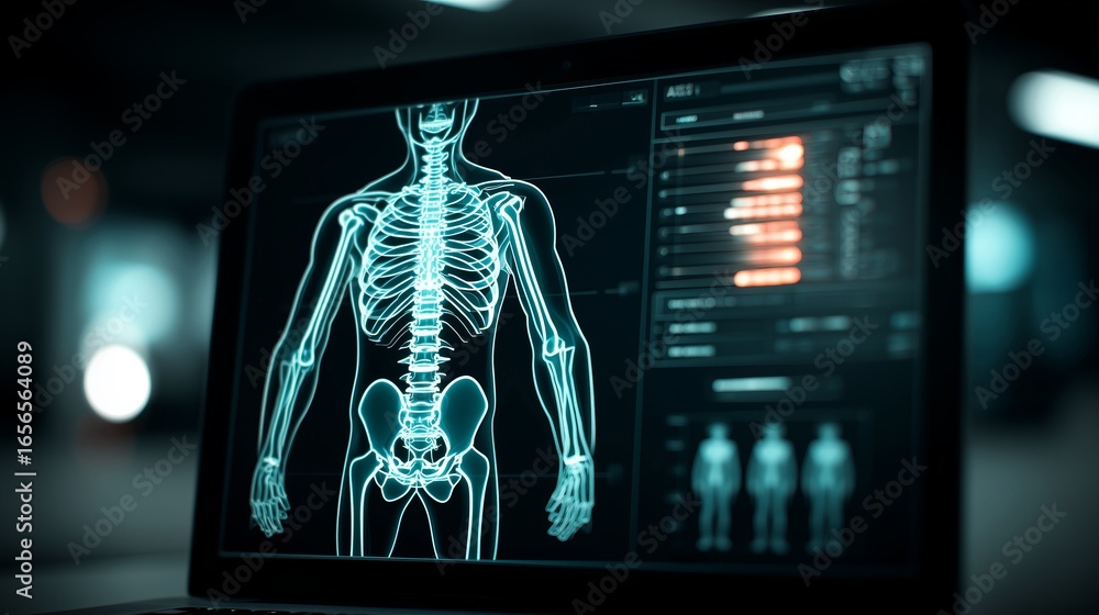 Poster a glowing digital scan of a human skeleton displayed on a computer screen with medical charts, symbo