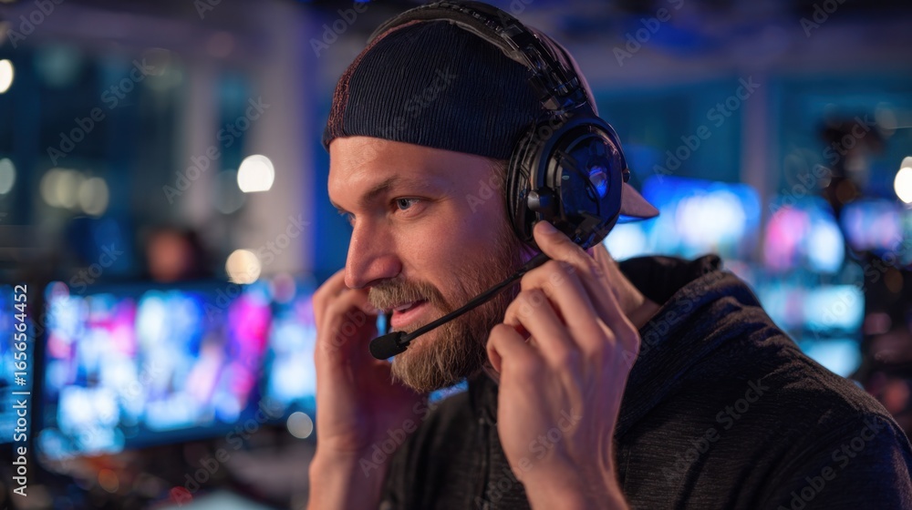 Poster close medium shot highlighting the livestream host adjusting a headset while rehearsing in a softly 