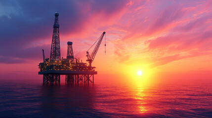 Obraz premium Dramatic offshore oil rig at sunset, showcasing vibrant colors and serene ocean. stunning view of industry and nature in harmony