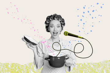 Trend artwork banner sketch 3d photo collage of excited housemaid girl hold pot cooking microphone karaoke event household chores