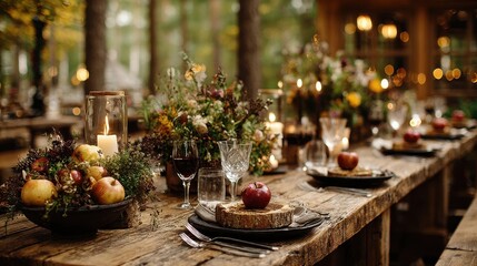 Fototapeta premium Elegant Autumn Table Setting with Apples, Flowers, and Candles in Woods