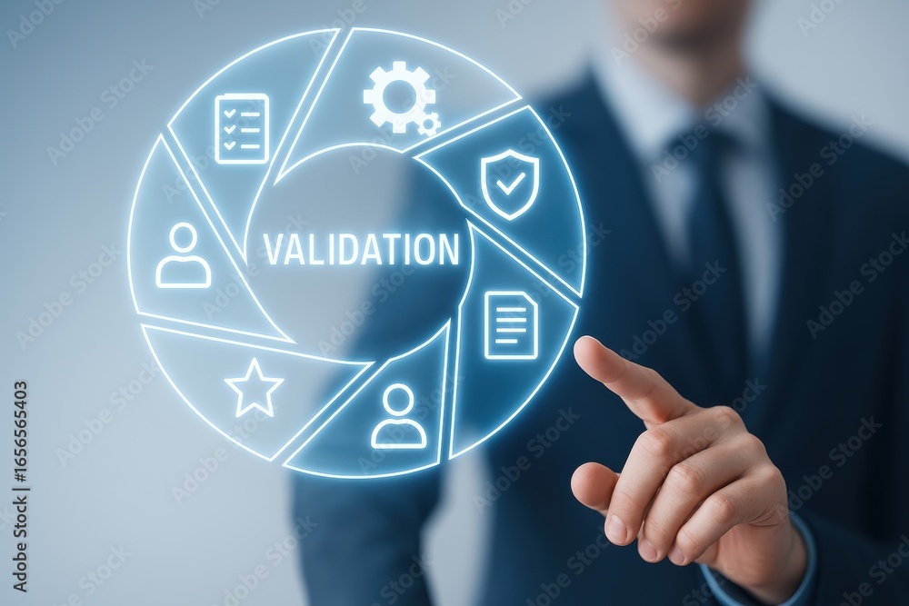 Poster validation and approval: a professional individual, their finger poised over a dynamic graphic repre