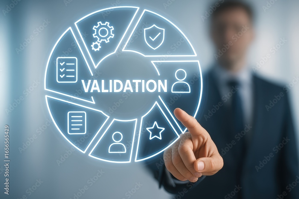 Poster validation: a distinguished professional navigates a sophisticated validation symbol, showcasing com