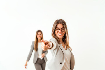 mujer feliz con gafas apuntando con el dedo