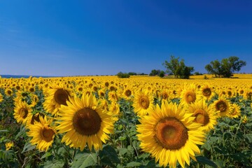 Sunflowers field under a vibrant blue sky
