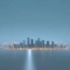 Fototapeta premium A serene cityscape at night with illuminated buildings reflecting on calm water, set against a blue background with a blurred bokeh effect.