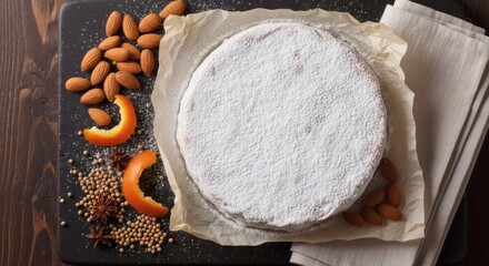 Naklejka premium Panforte di Siena – Authentic Italian Spice Cake, Traditional Christmas Dessert, Top-Down