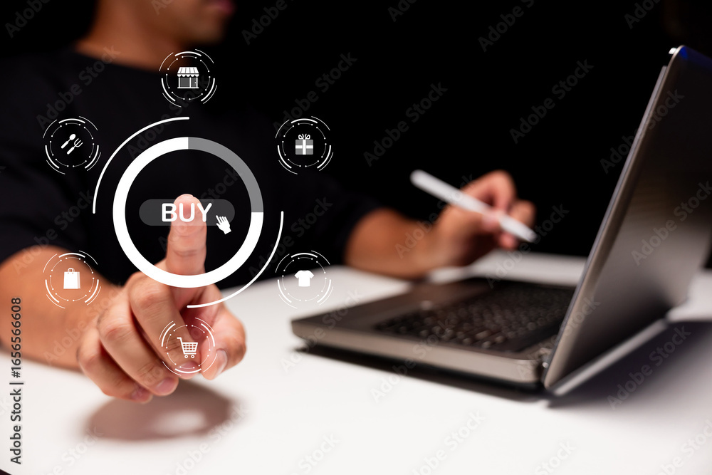 Poster a person interacting with a digital interface, preparing to make an online purchase using a laptop.