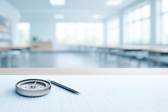 Compass and pencil resting on graph paper in a bright, modern workspace, symbolizing creativity and direction in design projects - Powered by Adobe