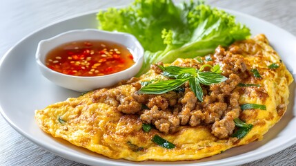 A tempting Thai omelet topped with savory minced pork, ready to eat.