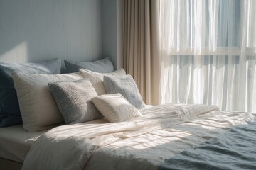 A bedroom with a bed, sunlight, and soft colors