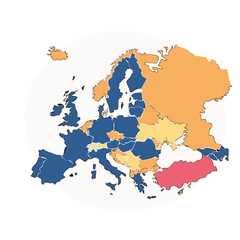 Obraz premium Detailed Map of Europe with Different Colors and Land Borders in Creative Hand Drawn Style