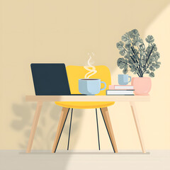 A bright workspace features a modern yellow chair and a wooden table with a laptop, steaming coffee, and succulents. It's a serene afternoon setting ideal for productivity
