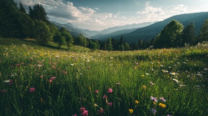 Lush mountain meadow bathed in sunlight