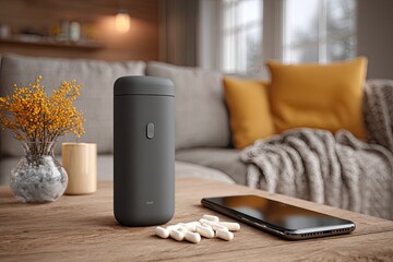 Pills & Dispenser on Table, Smartphone Nearby in Living Room - Domestic Scene.
