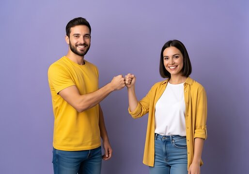 Couple fist bumping and smiling against a purple background