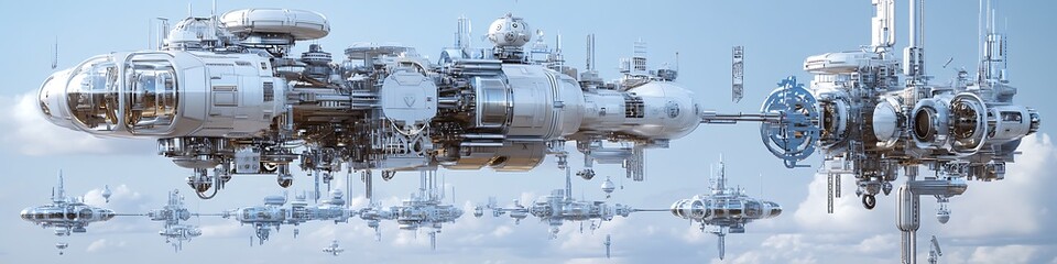 Fototapeta premium Recursive kinetic machines powering floating cities with paradox design conceptual mechanical artwork in silver-blue palette
