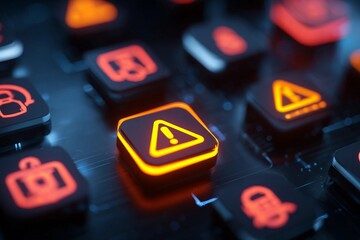 Warning buttons on a modern keyboard illuminated in orange and red, highlighting important functions for user safety during operation and tasks