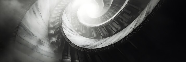 Recursive turbine architecture spiraling into foggy void with surreal mechanical symmetry monochrome noir palette