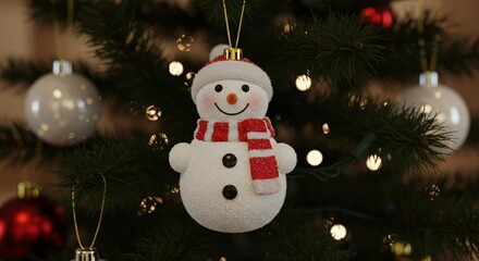 Festive Christmas Tree Ornament A Charming Snowman Decoration Amidst Sparkling Lights & Shiny Ornaments, Creating a Joyful Holiday Scene